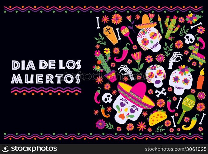 Cinco de Mayo-May 5th- typography banner vector.. Dias de los Muertos typography banner vector. Mexico design for fiesta cards or party invitation, poster. Flowers traditional mexican frame with floral letters on black background.