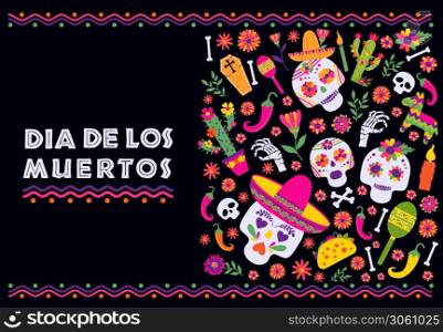 Cinco de Mayo-May 5th- typography banner vector.. Dias de los Muertos typography banner vector. Mexico design for fiesta cards or party invitation, poster. Flowers traditional mexican frame with floral letters on black background.