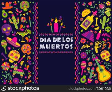 Cinco de Mayo-May 5th- typography banner vector.. Dias de los Muertos typography banner vector. In English Feast of death.Mexico design for fiesta cards or party invitation, poster. Flowers traditional mexican frame with floral letters on dark background.