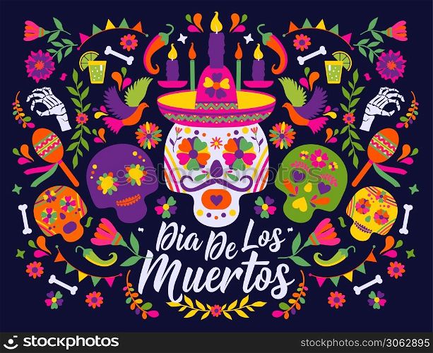 Cinco de Mayo-May 5th- typography banner vector.. Dias de los Muertos typography banner vector. In English Feast of death. Mexico design for fiesta cards or party invitation, poster. Flowers traditional mexican frame with floral letters on dark background.