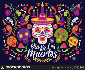 Cinco de Mayo-May 5th- typography banner vector.. Dias de los Muertos typography banner vector. In English Feast of death. Mexico design for fiesta cards or party invitation, poster. Flowers traditional mexican frame with floral letters on dark background.