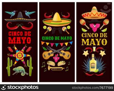 Cinco de Mayo Mexican holiday banners of vector fiesta party sombrero hats, cactuses and chilli peppers. Mariachi musician maracas, guitars, mustache and trumpet, tequila, pinata, jalapeno and agave. Cinco de Mayo banners of Mexican fiesta holiday