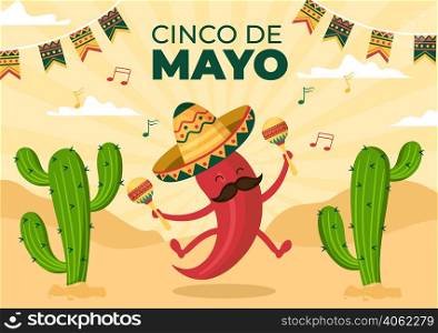 Cinco de Mayo Mexican Holiday Celebration Cartoon Style Illustration with Cactus, Guitar, Sombrero and Drinking Tequila for Poster or Greeting Card
