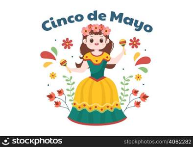 Cinco de Mayo Mexican Holiday Celebration Cartoon Style Illustration with Cactus, Guitar, Sombrero and Drinking Tequila for Poster or Greeting Card