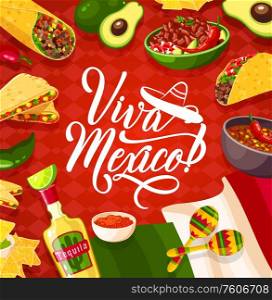Cinco de Mayo Mexican holiday cuisine food. Fiesta sombrero hat, maracas and flag of Mexico, chilli peppers, tacos, burrito and nachos, tequila, guacamole and salsa sauces.Viva Mexico vector. Cinco de Mayo Mexican holiday cuisine