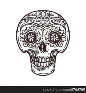 Cinco de Mayo Mexican holiday skull calavera, Mexico fiesta party symbol, vector sketch. Cinco de Mayo or 5 May fiesta party traditional calavera skull with Mexican ornament in hand drawn sketch. Calavera skull sketch, Cinco de Mayo Mexican icon