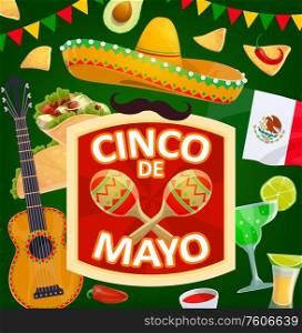 Cinco de Mayo Mexican holiday sombrero and maracas vector design. Mexico fiesta party hat, chili peppers and festival mariachi guitar, Mexican flag, tequila and margarita, tacos, nachos and guacamole. Cinco de Mayo mexican holiday sombrero, maracas
