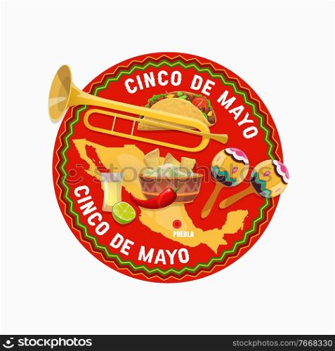 Cinco de Mayo Mexican holiday vector food and Mexico map. Fiesta party maracas, tequila, tacos, guacamole and nachos, red chilli or jalapeno pepper and mariachi musician trumpet, parade design. Cinco de Mayo Mexican holiday food and Mexico map