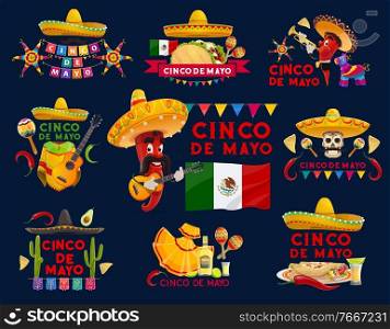 Cinco de Mayo Mexican holiday vector icons. Fiesta party sombrero hats, maracas and guitars, chilli pepper characters, Mexico flags and tequila, pinata, tacos, burritos and nachos, jalapeno and cactus. Cinco de Mayo Mexican holiday fiesta vector icons