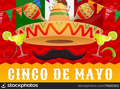 Cinco de Mayo Mexican holiday vector sombrero hat, fiesta party maracas and tequila, Mexico flag, red chilli and green jalapeno peppers, moustache, lime and bunting garland. Mexican party or festival. Cinco de Mayo Mexican holiday sombrero, maracas