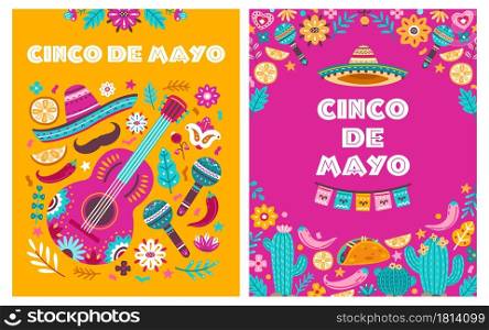 Cinco de mayo poster. Mexican party, mexico latin fiesta invitation. Spanish chili, skulls flowers festival vector cards design. Traditional greeting mexican holiday poster, festival mayo illustration. Cinco de mayo poster. Mexican party, mexico latin fiesta decorative invitation. Spanish chili, skulls flowers festival vector cards design