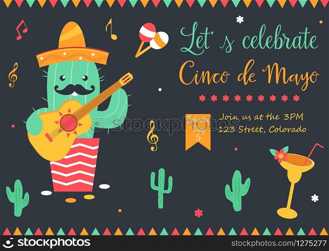 Cinco De Mayo poster template with bright cactus and symbols. Vector illustration. Cinco De Mayo poster template with bright cactus