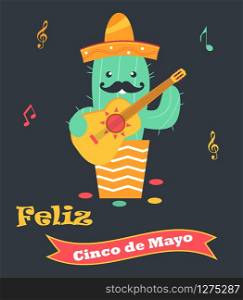 Cinco De Mayo poster template with bright cactus and symbols. Vector illustration. Cinco De Mayo poster template with bright cactus