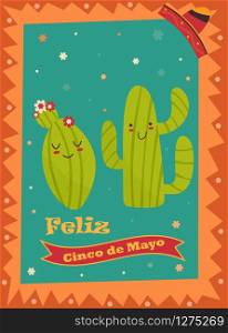 Cinco De Mayo poster template with bright mexican characters and symbols. Vector illustration. Cinco De Mayo poster template with bright cacti