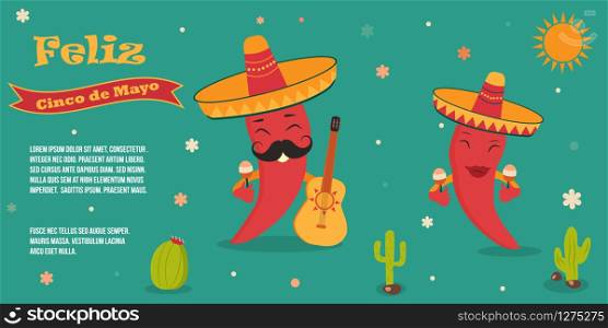 Cinco De Mayo poster template with bright mexican characters and symbols. Vector illustration. Cinco De Mayo poster bright characters