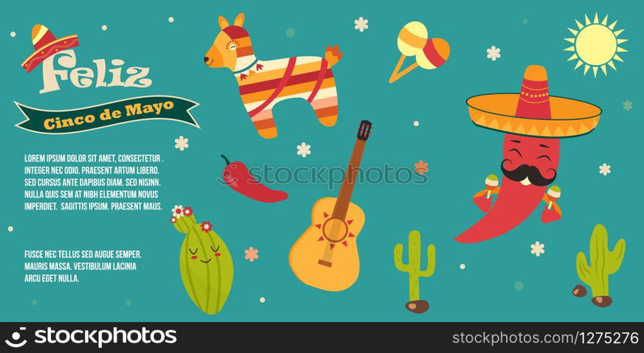 Cinco De Mayo poster template with bright mexican characters and symbols. Vector illustration. Cinco De Mayo poster bright characters