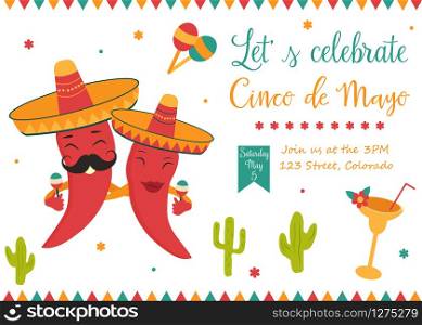 Cinco De Mayo poster template with bright mexican characters and symbols. Vector illustration. Cinco De Mayo poster bright characters