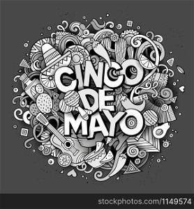 Cinco de Mayo sketchy outline festive background. Cartoon vector hand drawn Doodle illustration. Line art detailed design with objects and symbols. All objects are separated. Cinco de Mayo. Cartoon vector hand drawn Doodle illustration