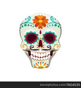 Cinco de Mayo sugar skull decorated by marigold flower isolated. Vector sweet skeleton head. Skull mexican Day of dead sign isolated calavera