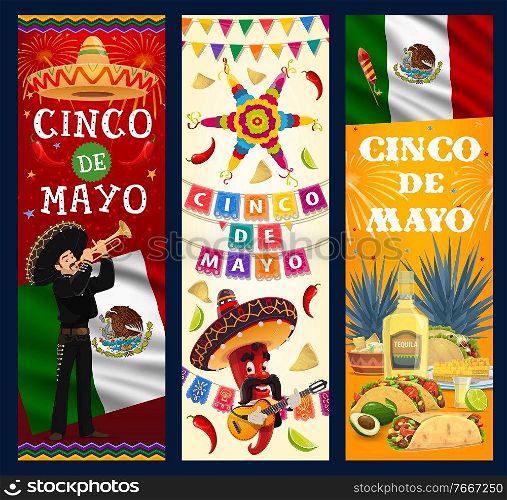 Cinco de Mayo vector banners. Cartoon Mariachi musician with trumpet, jalapeno chili pepper in sombrero playing guitar. Mexican food tortilla, guacamole and nachos, corn or maize, burrito, enchilados. Cinco de Mayo vector banners, cartoon mariachi