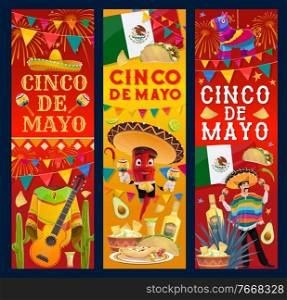 Cinco de Mayo vector banners. Cartoon Mariachi musician with trumpet, jalapeno chili pepper in sombrero playing guitar. Mexican food tortilla, guacamole and nachos, corn or maize, burrito, enchilados. Cinco de Mayo vector banners, cartoon mariachi