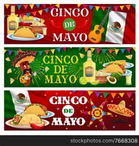 Cinco de Mayo vector banners. Mariachi jalapeno chili pepper in sombrero playing guitar. Mexican food tortilla, guacamole and nachos with corn or maize, burrito, tequila with lime, pinata, Cinco fest. Cinco de Mayo vector banners with Mariachi, food