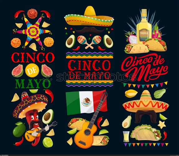 Cinco de Mayo vector icons pinata, clove flower and mariachi jalapeno pepper musician with mustache in sombrero playing guitar. Maracas, fruits, tequila with lime, flag. Mexican food and lettering set. Cinco de Mayo vector icons and lettering set.