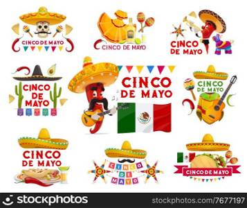 Cinco de Mayo vector icons pinata, jalapeno pepper mustached musician in sombrero playing guitar. Maracas, tequila with lime, flag. Mexican food tacos, enchiladas isolated emblems with typography set. Cinco de Mayo vector icons, isolated emblems set