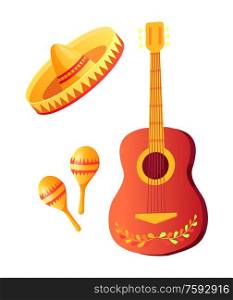 Cinco de mayo vector, isolated icons of celebration elements, sombrero hat with ornaments. Acoustic guitar instrument with flora, maracas latin culture. Cinco de Mayo Acoustic Guitar and Sombrero Hat