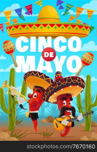 Cinco de Mayo vector poster. Cartoon red hot jalapenos characters play music for Cinco de Mayo celebration event in desert with cacti. Chili peppers in mexican sombrero playing trumpet and guitar. Cinco de Mayo vector poster, cartoon mariachi band