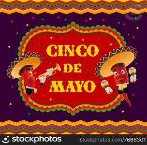 Cinco de Mayo vector poster. Mariachi band, jalapenos chili peppers in mexican sombrero playing trumpet and maracas. Cartoon characters red hot jalapenos play music for Cinco de Mayo celebration event. Cinco de Mayo vector poster, cartoon mariachi band