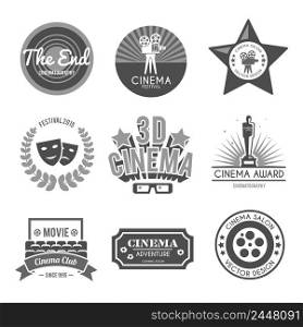 Cinema 3d film clubs retro black labels collection with movie theater entry tickets camera isolated vector illustration. Cinema labels collection black