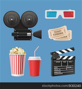 Cinema 3d icons. Movie camcorder clapperboards film tape and stereo glasses vector realistic objects isolated. Illustration of cinema clapperboard, cinematography elements collection. Cinema 3d icons. Movie camcorder clapperboards film tape and stereo glasses vector realistic objects isolated
