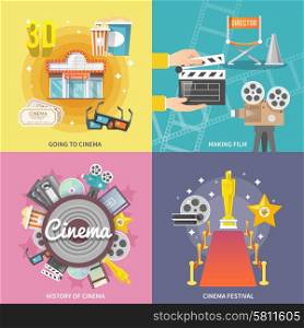 Cinema 4 flat icons square composition. Historical cinema festival movie theater entrance tickets set 4 flat icons square composition abstract isolated vector illustration