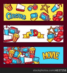 Cinema and 3d movie advertising banners in cartoon style. Cinema and 3d movie advertising banners in cartoon style.