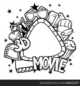 Cinema and 3d movie frame in cartoon style. Cinema and 3d frame background in cartoon style.