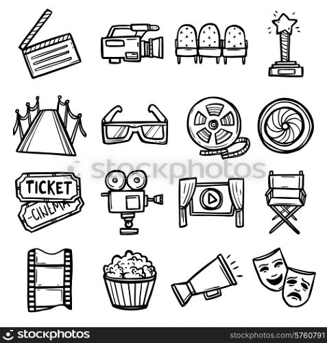 Cinema and entertainment arts hand drawn decorative icons set with clapperboard camera chairs award isolated vector illustration. Cinema Icons Set