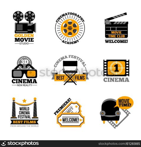 Cinema And Film Labels. Cinema and film labels with director chair 3d glasses cinema tickets projector flat signs isolated vector illustration