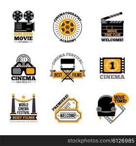Cinema And Film Labels. Cinema and film labels with director chair 3d glasses cinema tickets projector flat signs isolated vector illustration