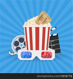 Cinema and Movie time concept with popcorn, 3D glasses and tickets. Vector illustration in flat style. Cinema and Movie time concept