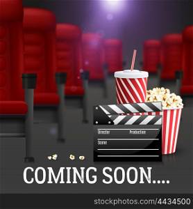 Cinema Background Illustration . Cinema and filmmaking realistic background with cola and popcorn vector illustration