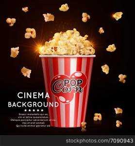 Cinema banner background with vector realistic popcorn and shine effect illustration. Cinema background with vector realistic popcorn