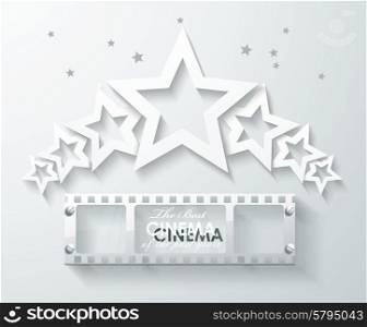 Cinema banner with white paper stars and film tape. Vector cinema background.