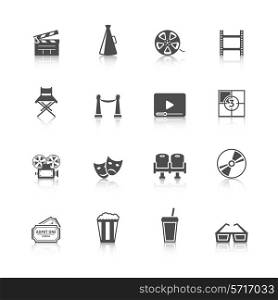 Cinema black retro icons set with movie theater refreshment drinks entry tickets camera black isolated vector illustration