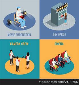Cinema box office and movie production camera crew 4 isometric icons square poster abstract isolated vector illustration. Cinema Movie 4 Isometric Icons Square
