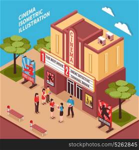 Cinema Building Isometric Composition. Cinema building isometric composition with posters signboards and viewers at entrance vector illustration