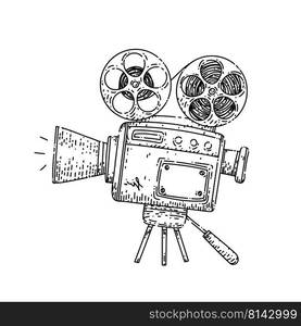 cinema camera hand drawn vector. film movie, old video projector, retro cinematography, theater industry cinema camera sketch. isolated black illustration. cinema camera sketch hand drawn vector