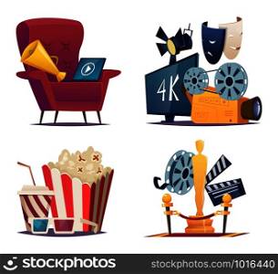 Cinema cartoon. Entertainment conceptual collections with symbols of cinema and theatre megaphone masks popcorn glasses vector. Entertainment multimedia, television and movie, film cinema illustration. Cinema cartoon. Entertainment conceptual collections with symbols of cinema and theatre megaphone masks popcorn glasses vector