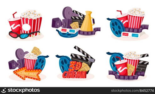 Cinema cartoon icons. Cartoon movie production and film theater collection, camera film bobbin popcorn clapper cinematography elements. Vector set of entertainment cinema production illustration. Cinema cartoon icons. Cartoon movie production and film theater symbols collection, camera film bobbin popcorn clapper cinematography elements. Vector set