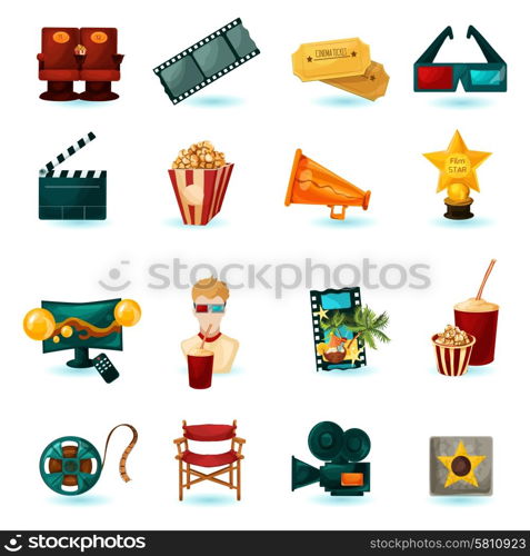 Cinema cartoon icons set with 3d glasses film reel popcorn isolated vector illustration. Cinema Icons Set